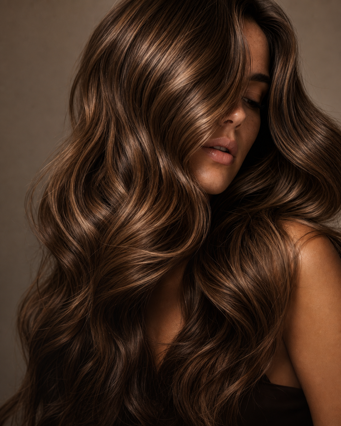 Glossy brown wavy hair