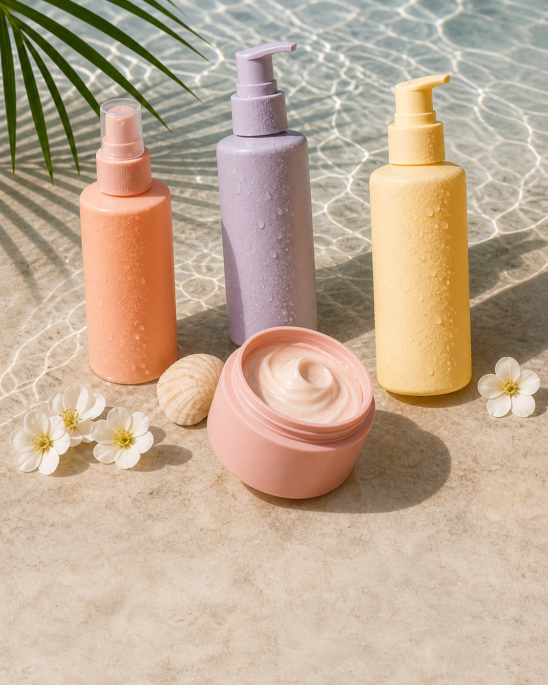 Pastel haircare products in summer light
